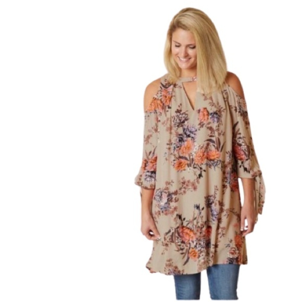 Women's S Miss Me Floral Tan Tunic Top Exposed Shoulder V neck